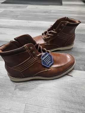 Steve Madden Men's Casual Moc Toe Side Zip Boots in a cognac brown